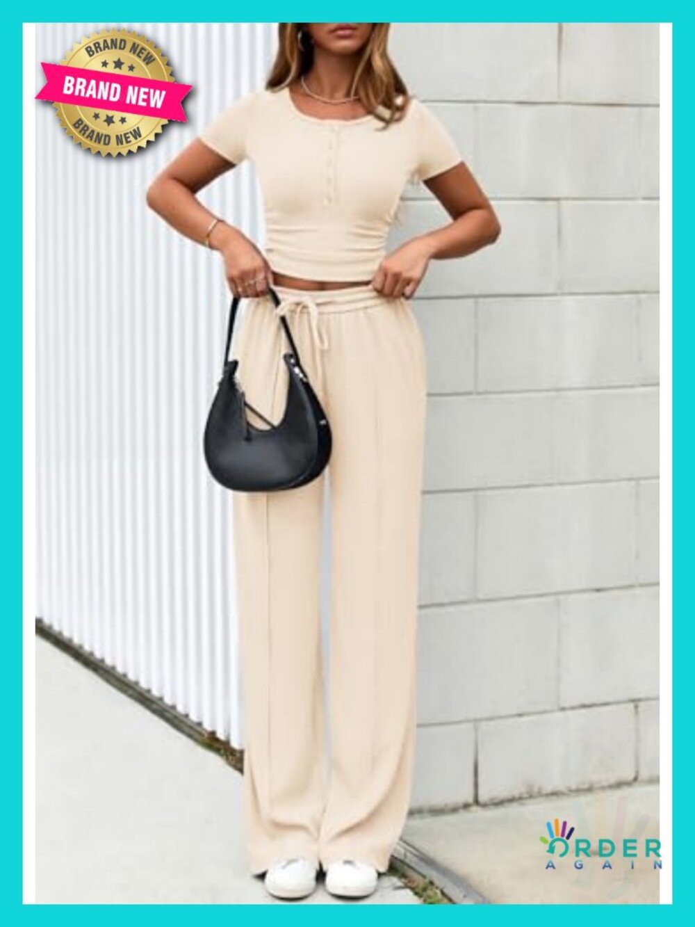 PRETTYGARDEN Women's 2 Piece Lounge Set Ribbed Knit Crop Top Wide Leg Pants - Picture 3 of 6